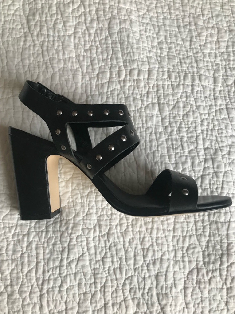 NWOT Saks Fifth Avenue Black Studded Block Heel Sandals & Matching Bag.